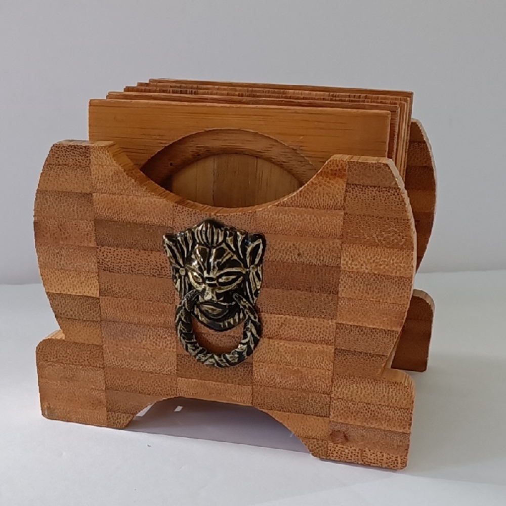 Coasters-- Vintage 70s Wood Set Of 5 w/ Rack Holder